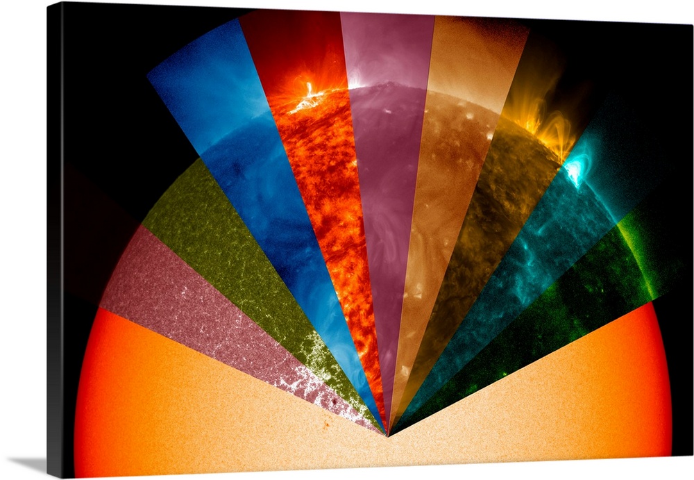 Sun's surface at different wavelengths. Computer illustration showing what the Sun's surface and atmosphere look like when...