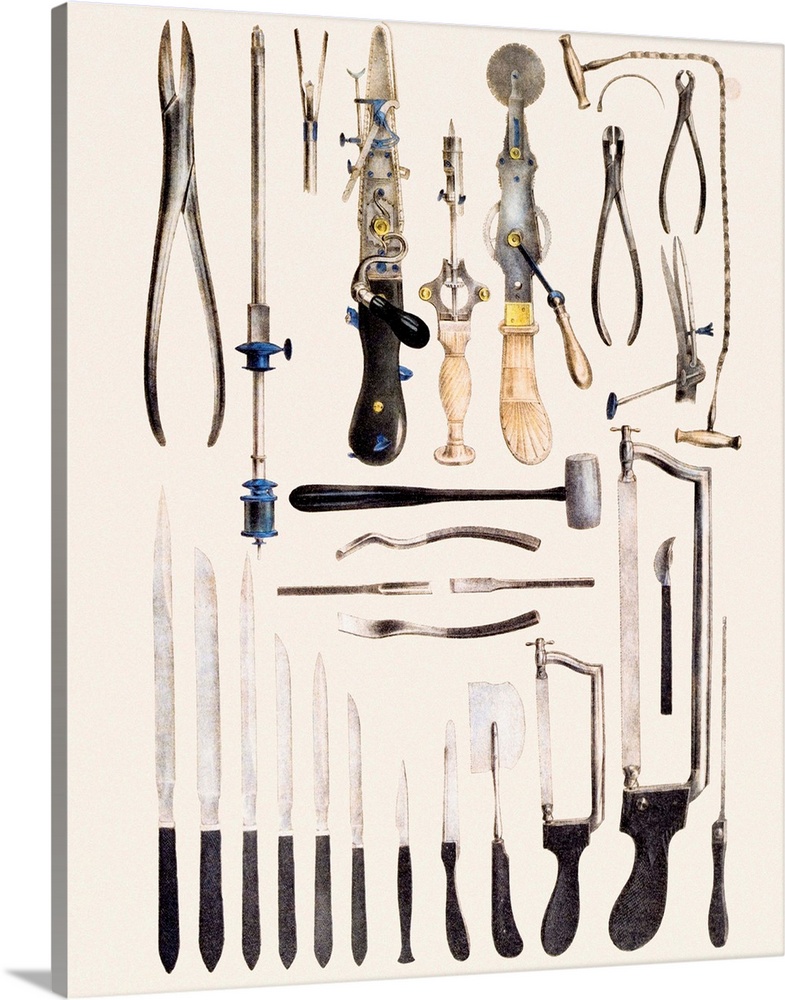Surgical instruments for use on bones, historical anatomical artwork. This 19th century textbook illustration shows differ...
