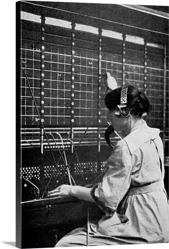 Telephone switchboard operator. The lights on the switchboard light up when someone makes a telephone call, allowing the o...