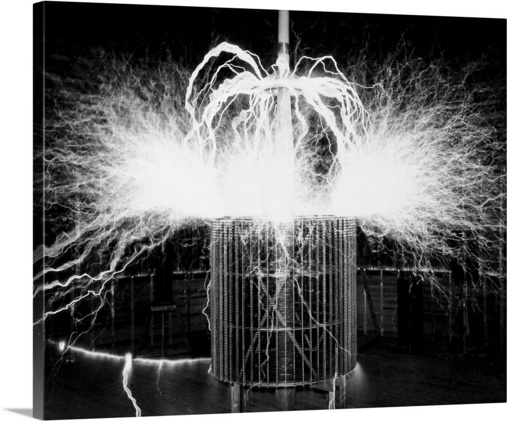 Tesla coil experiment. Electrical streamers sparking outwards from a coil at the laboratory operated by Serb-US physicist ...