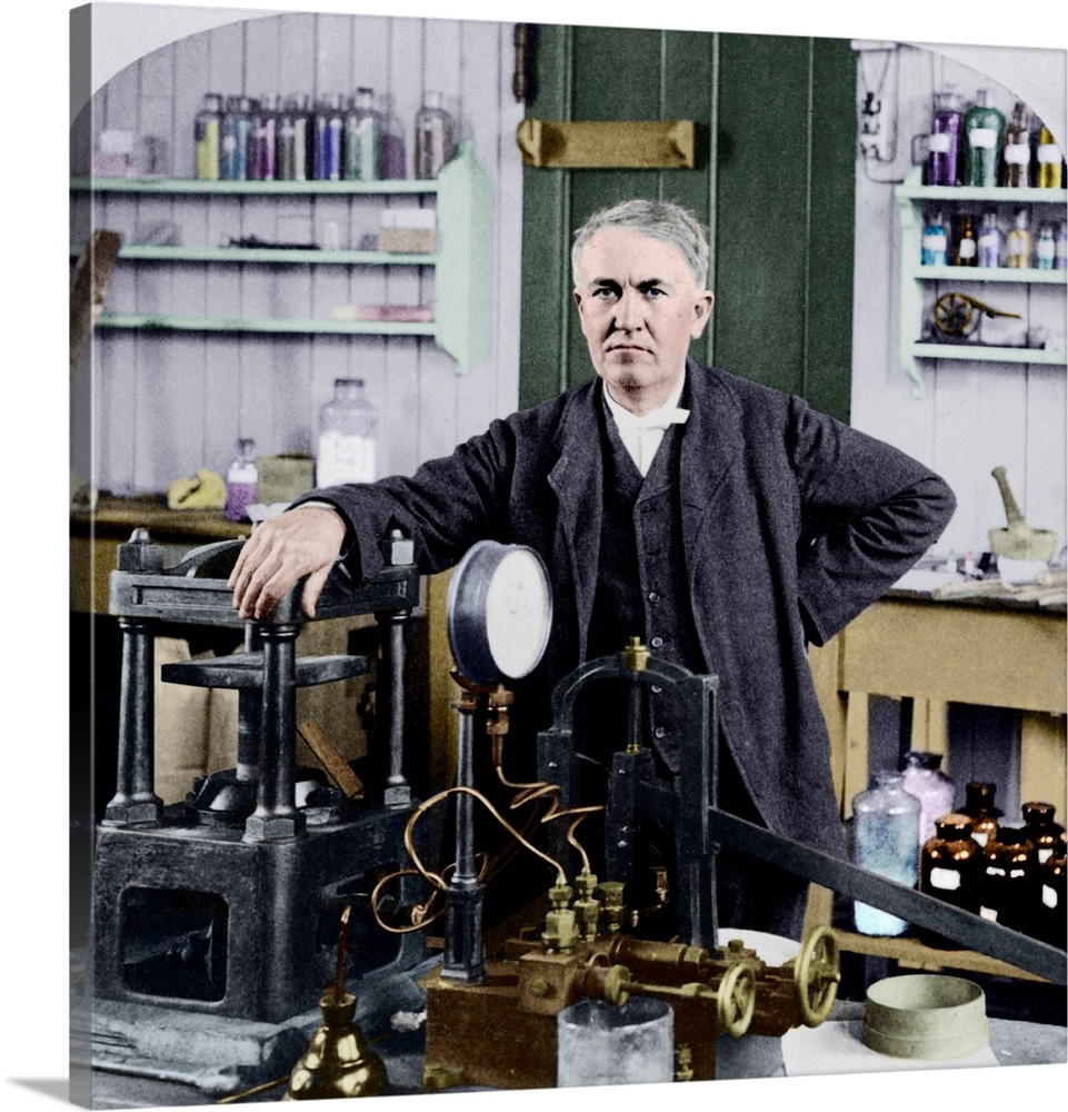 Thomas Alva Edison (1847-1931), US inventor, in his laboratory at East Orange, New Jersey, USA. Edison is famous for inven...