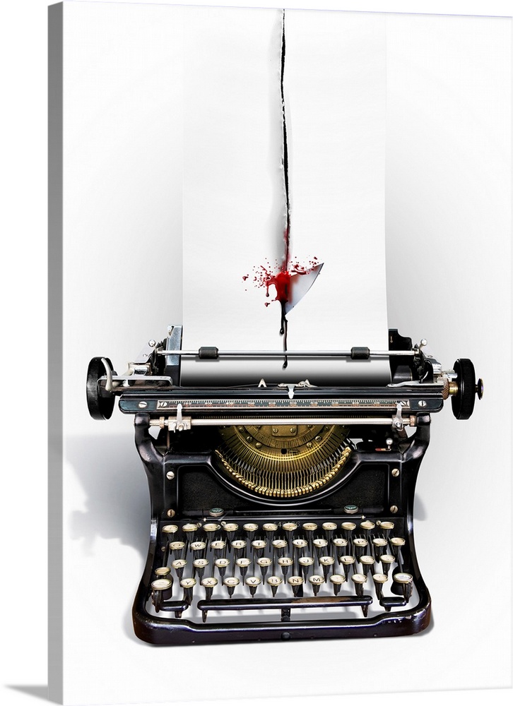 Threats to free speech. Conceptual image of a typewriter with a sheet of paper slashed by a bloody knife, representing thr...