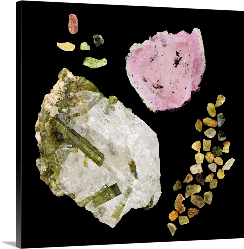 Tourmaline. The specimen at bottom left is in its natural state, the other specimens have been polished. Tourmaline is a s...