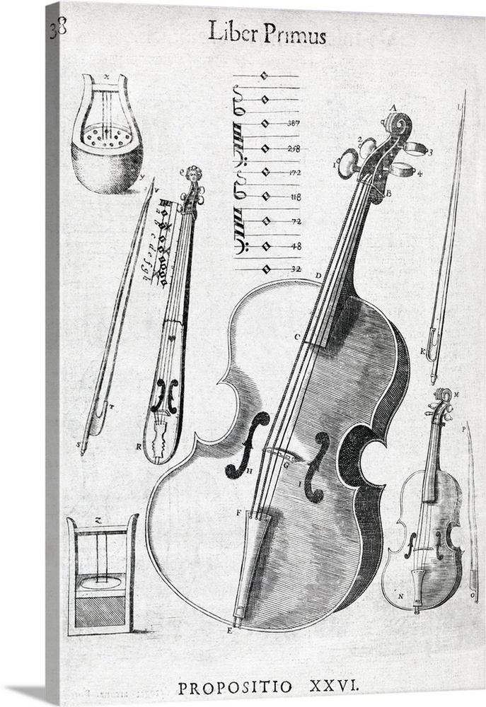 Violin, 17th century artwork. Violin bows and diagrams of musical scales surround the violin. This woodcut is from the boo...