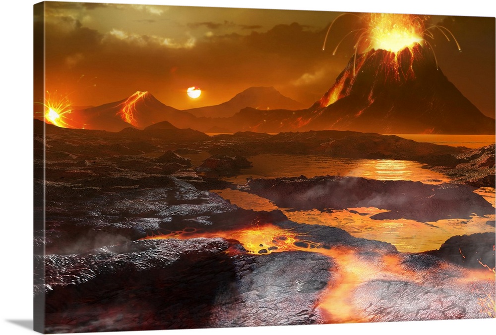 Volcanoes on Venus. Illustration of a active volcanoes and water on the surface of the planet Venus, in its past. This is ...