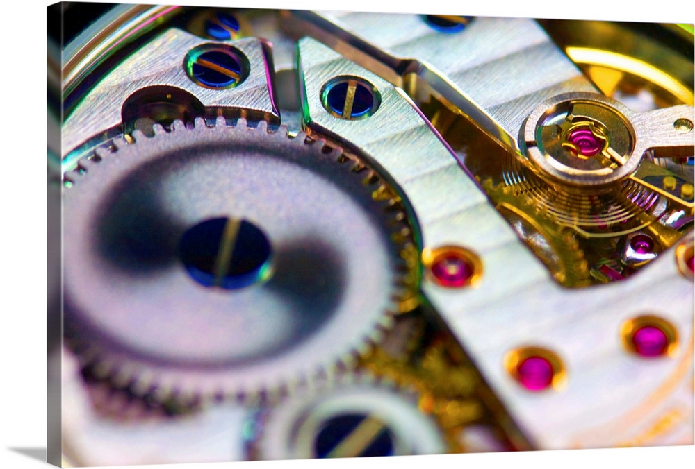 Wrist watch interior. Macrophotograph of cogs and gears in a mechanical wrist watch. Magnification: x3 when printed at 10 ...