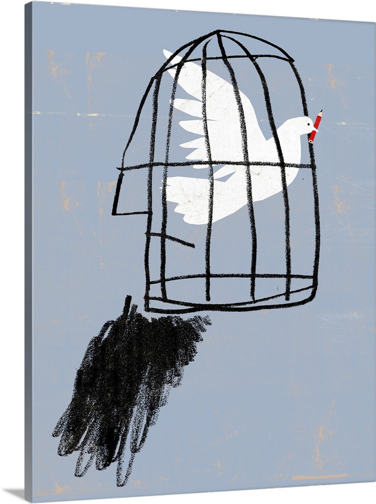 Writing for peace. Conceptual image of a caged dove with a pencil in its mouth, representing writings on issues such as wa...