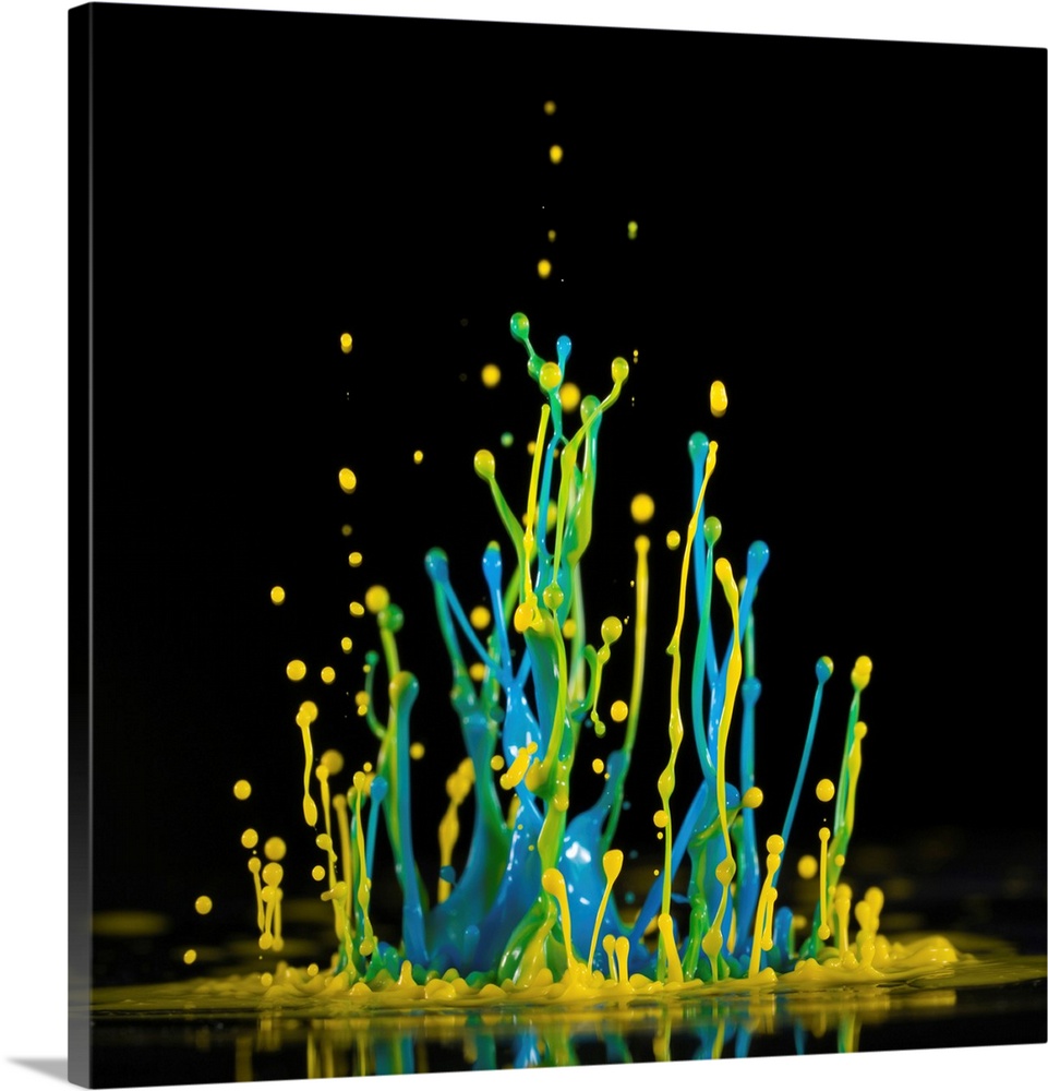 Yellow and blue splashes against a black background,