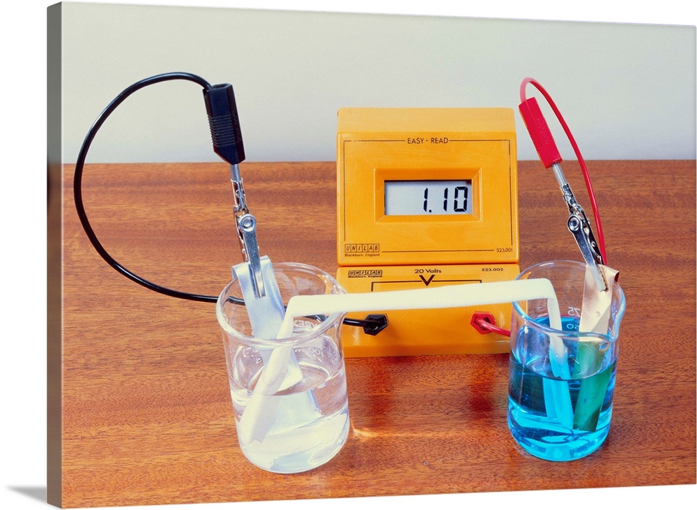 Zinc-copper battery. Voltmeter (orange) measuring a voltage (potential difference) of 1.1 volts for a zinc-copper battery ...
