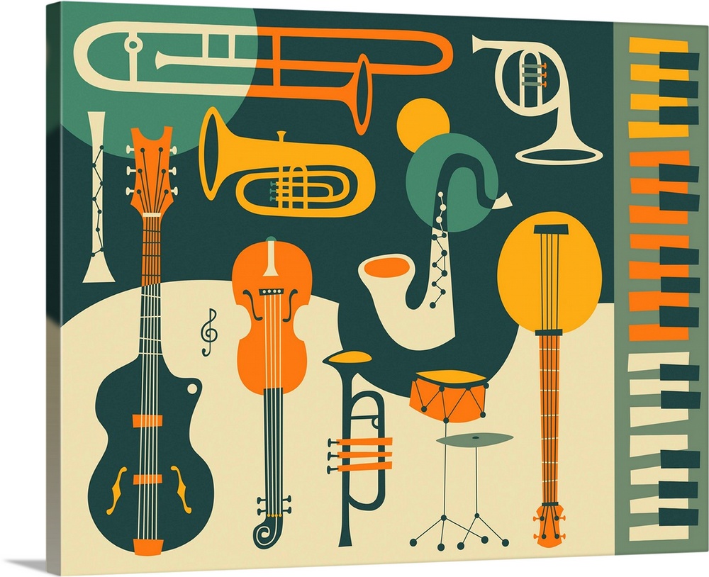 Retro illustration of musical instruments in blue, orange, gold, and cream hues.