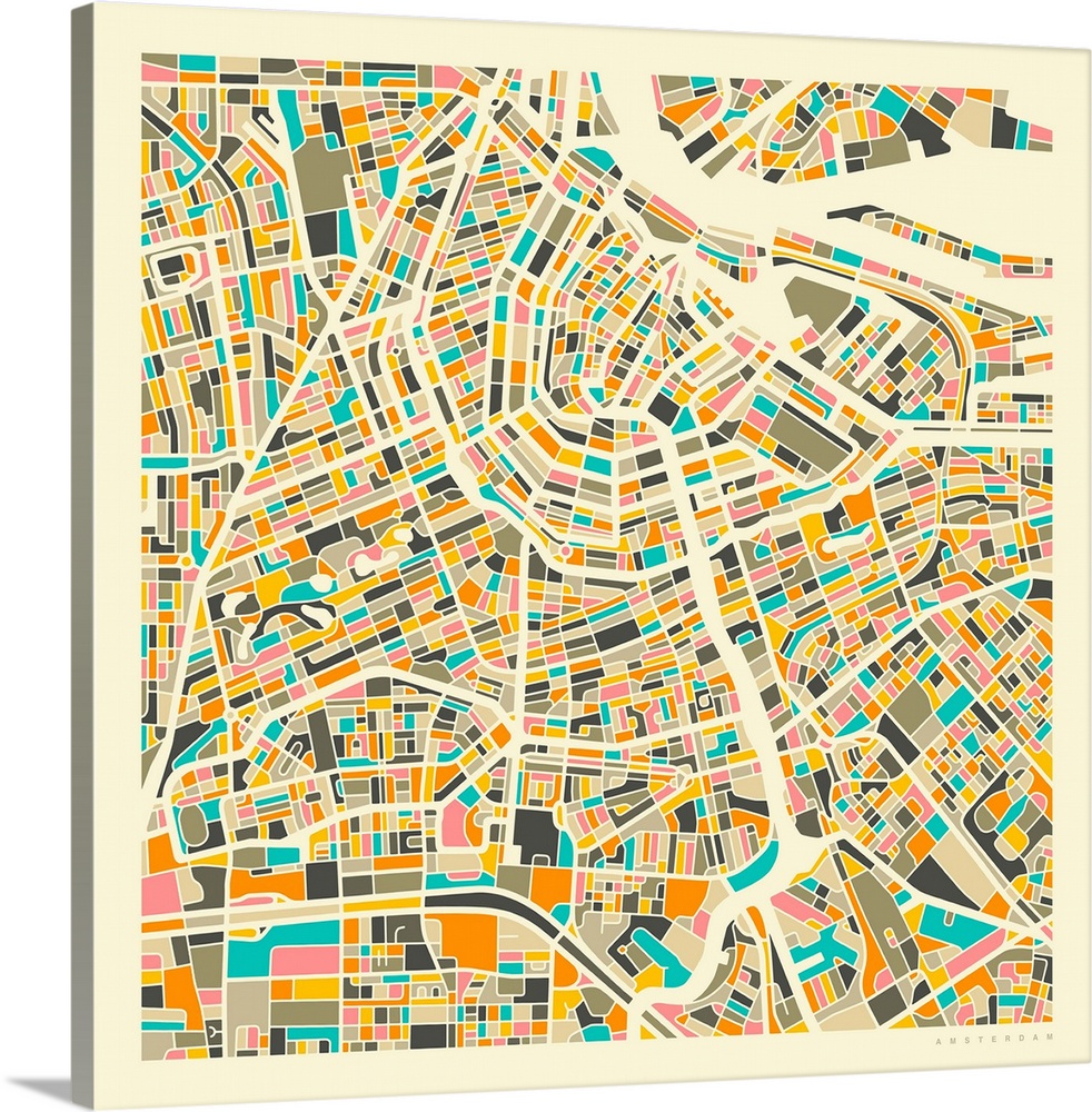 Colorfully illustrated aerial street map of Amsterdam, Netherlands on a square background.