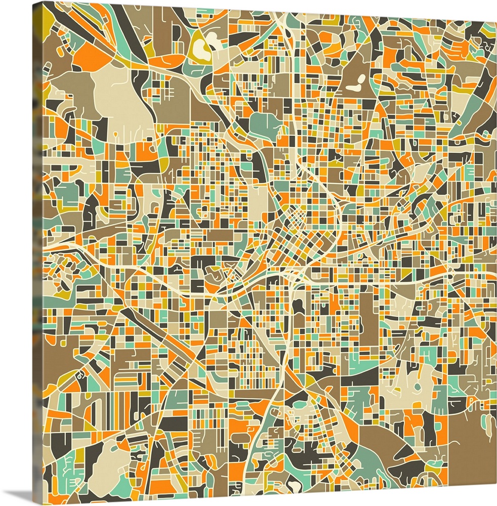 Colorfully illustrated aerial street map of Atlanta, Georgia on a square background.