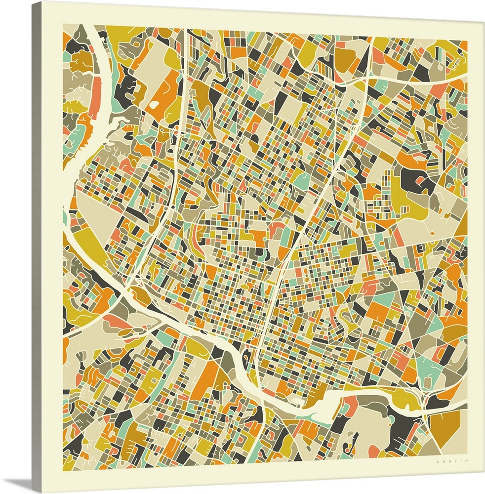 Colorfully illustrated aerial street map of Austin, Texas on a square background.