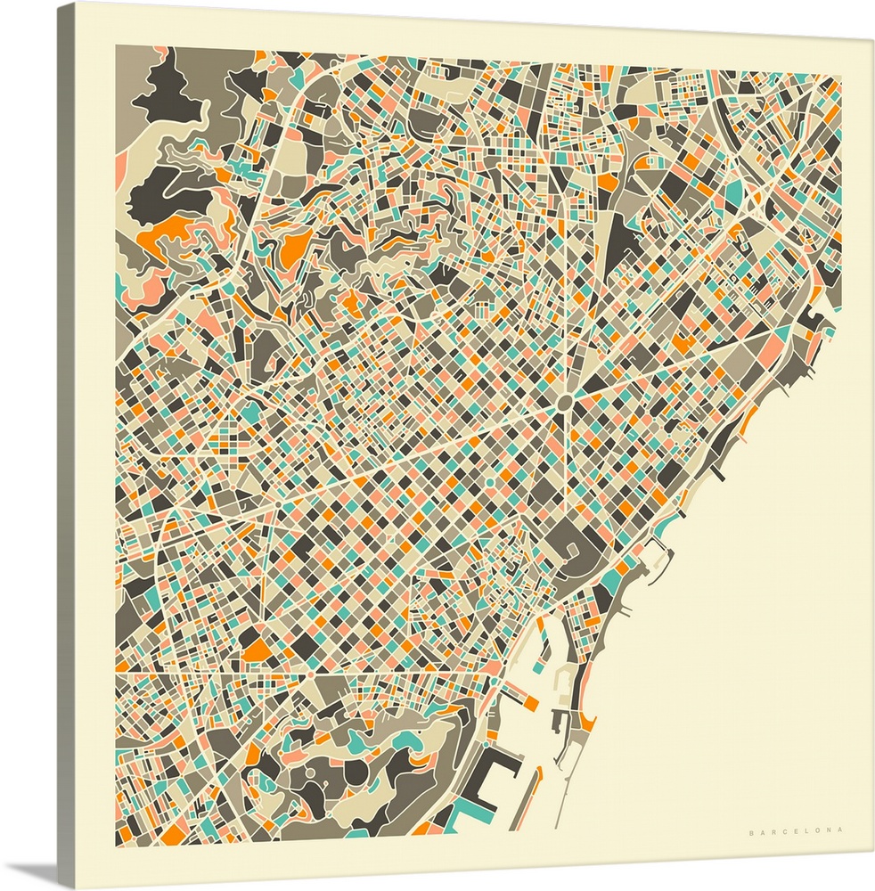 Colorfully illustrated aerial street map of Barcelona, Spain on a square background.