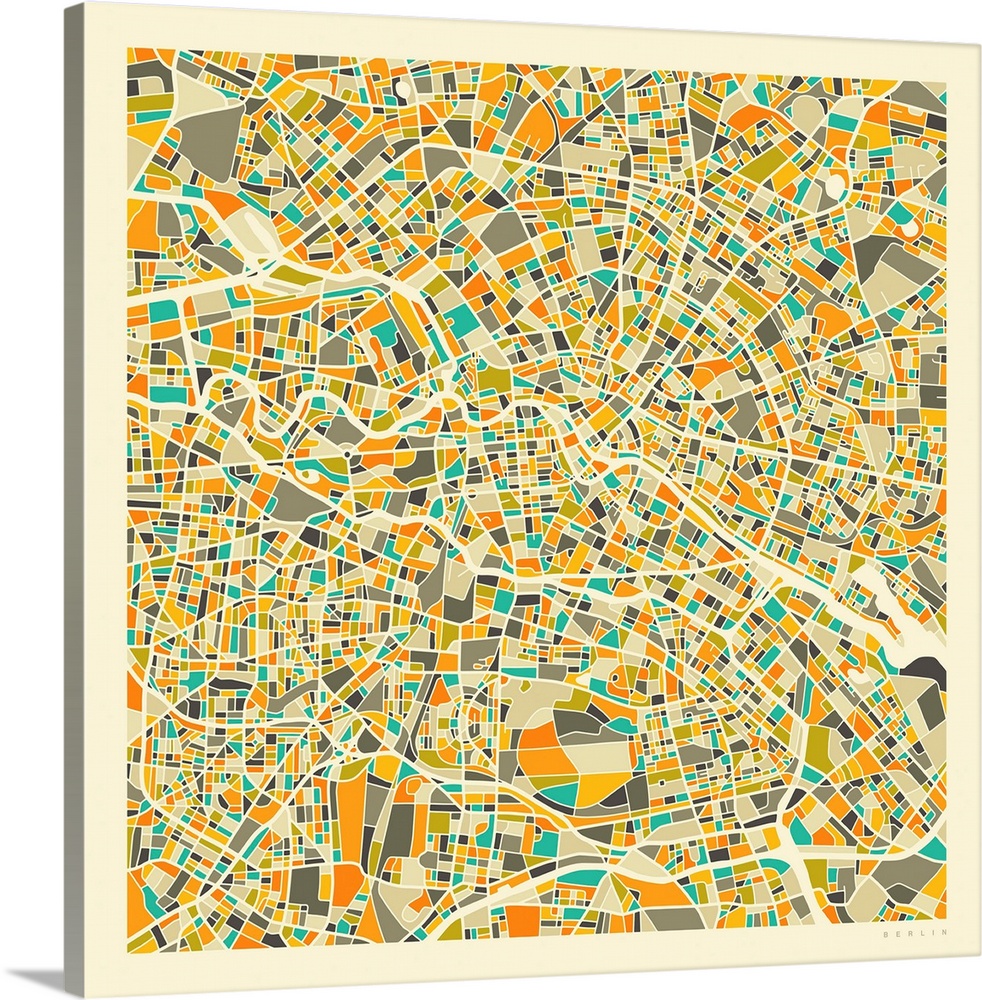 Colorfully illustrated aerial street map of Berlin, Germany on a square background.