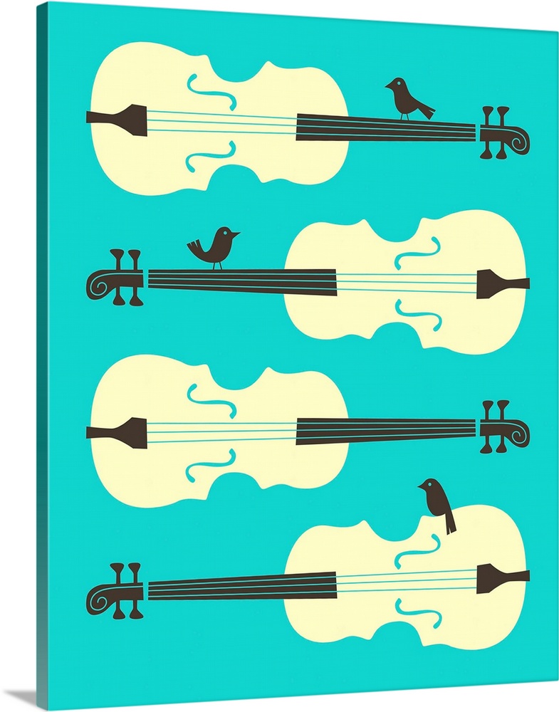 Illustration of four cellos with birds perched on three of them, with a bright blue background.