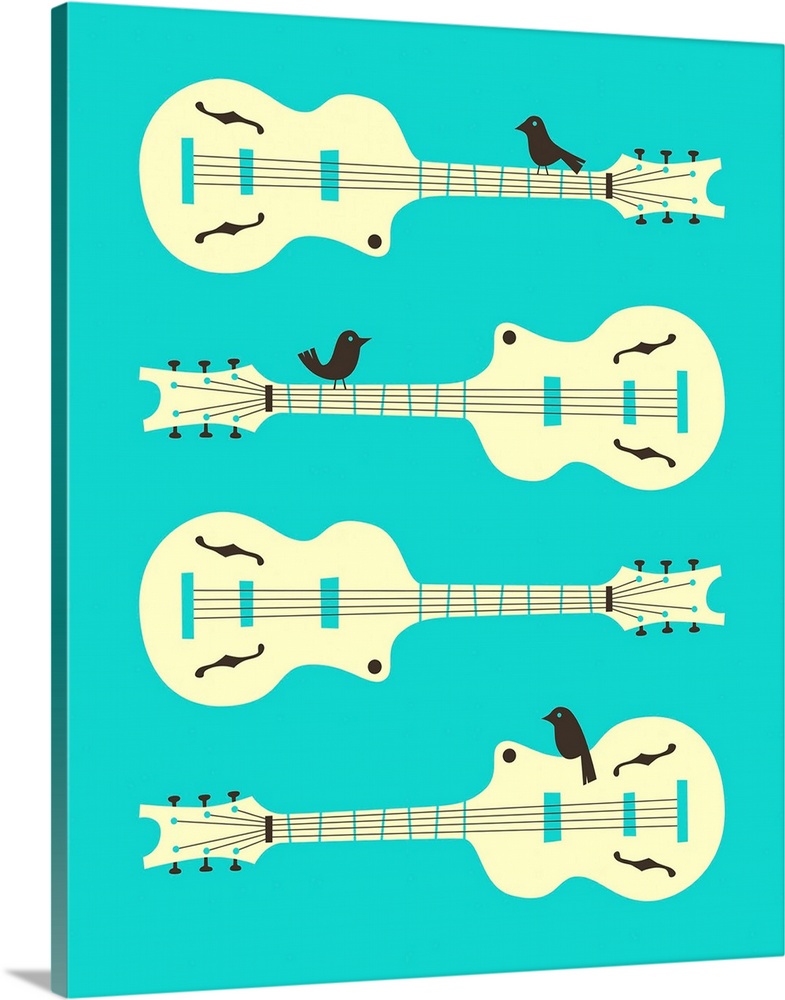 Illustration of four guitars with birds perched on three of them, with a bright blue background.