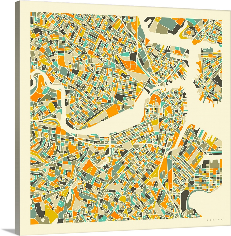 Colorfully illustrated aerial street map of Boston, Massachusetts on a square background.