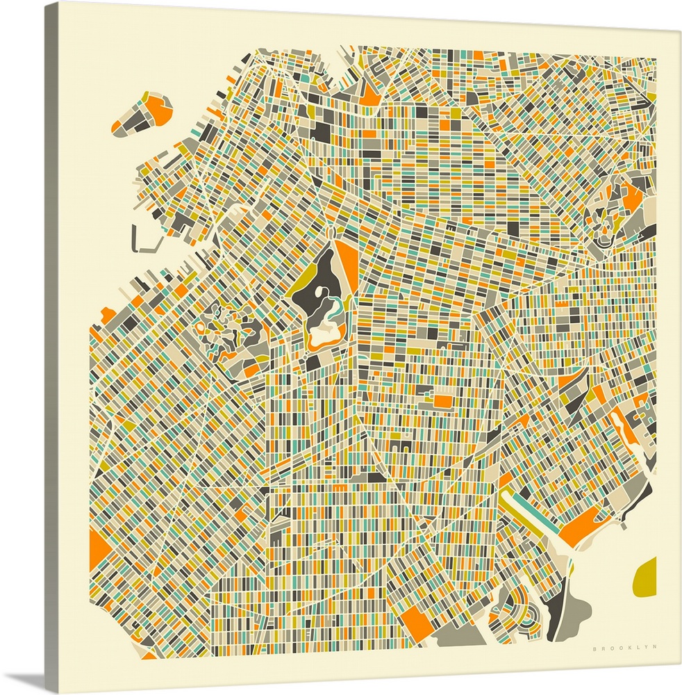 Colorfully illustrated aerial street map of Brooklyn, New York on a square background.