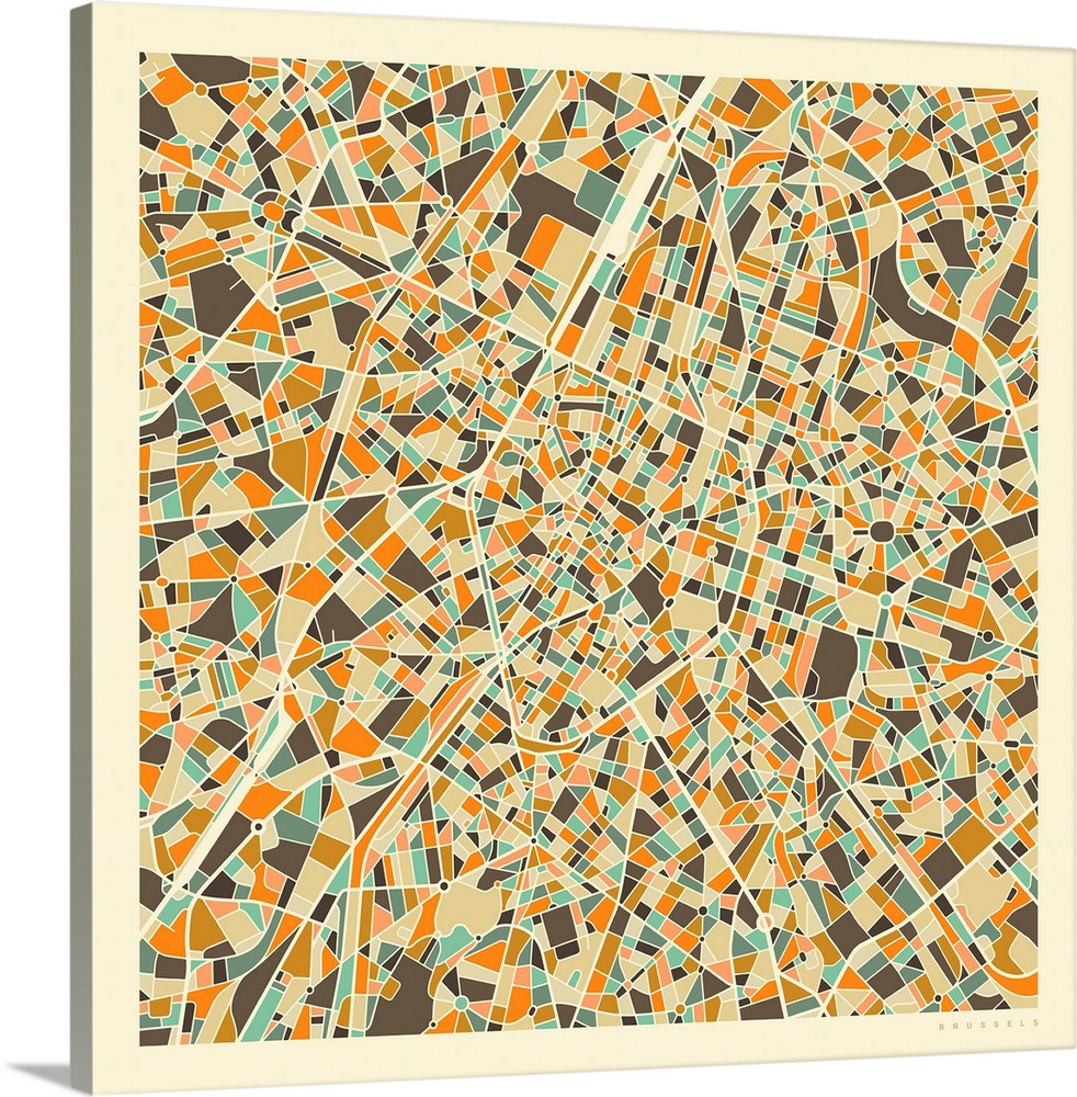 Colorfully illustrated aerial street map of Brussels, Belgium on a square background.