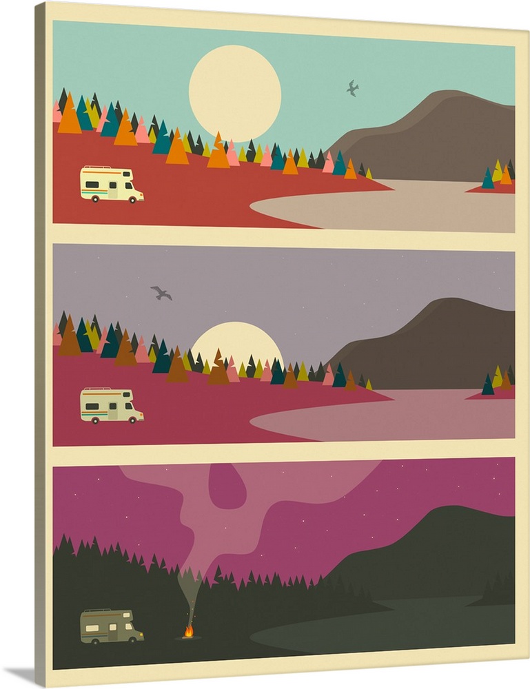 Retro style illustration of caravan camping in the woods split into three sections throughout the day, ending with a campf...