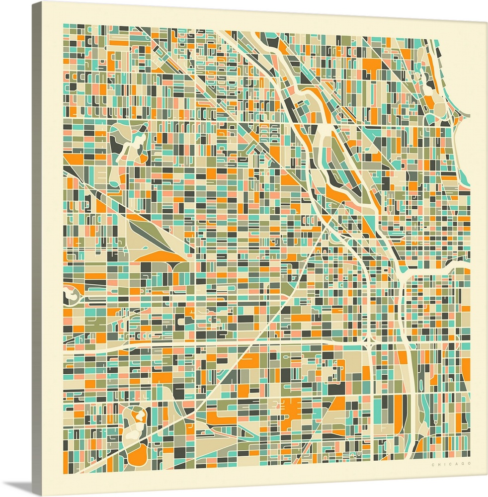 Colorfully illustrated aerial street map of Chicago, Illinois on a square background.