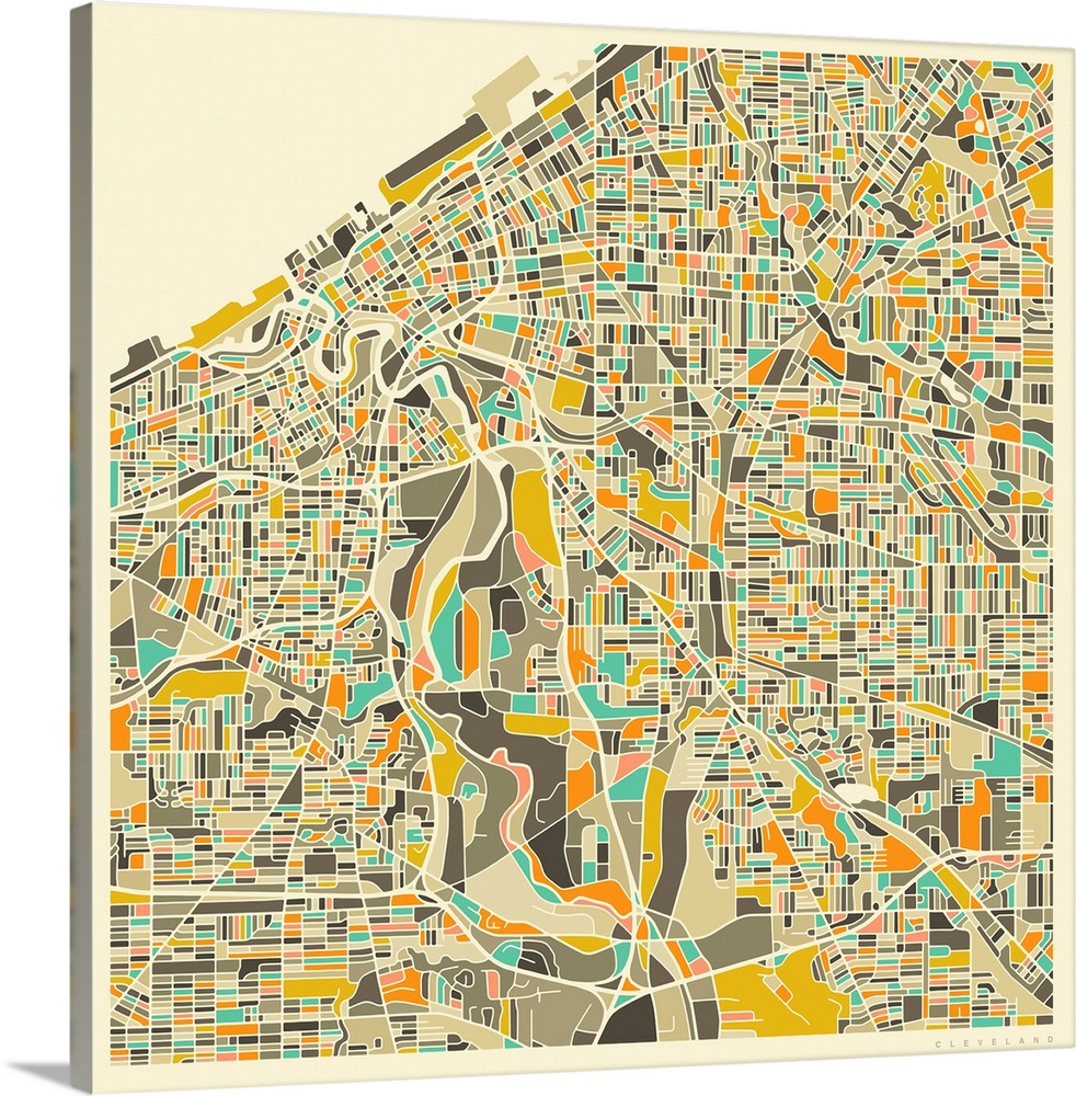 Colorfully illustrated aerial street map of Cleveland, Ohio on a square background.