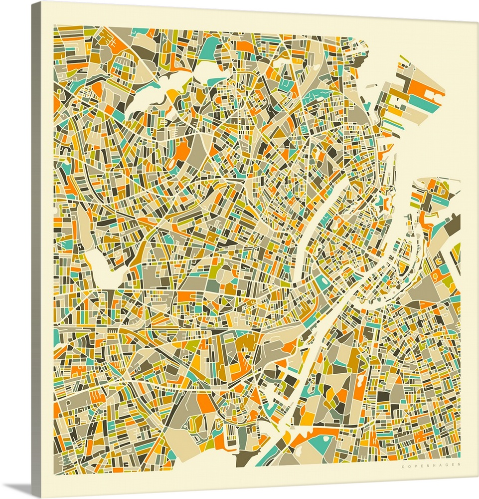 Colorfully illustrated aerial street map of Copenhagen, Denmark on a square background.
