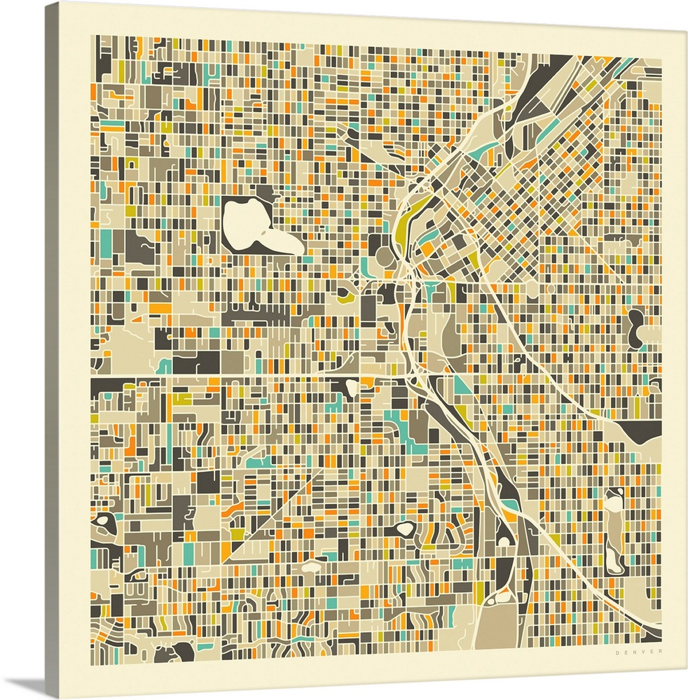 Colorfully illustrated aerial street map of Denver, Colorado on a square background.