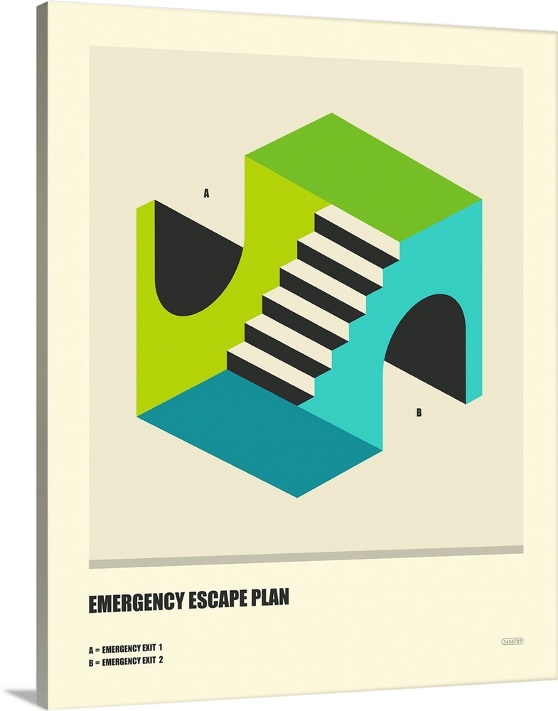Minimalist illustration of an emergency escape plan in blue, green, black, and cream hues; labeling two emergency exits.