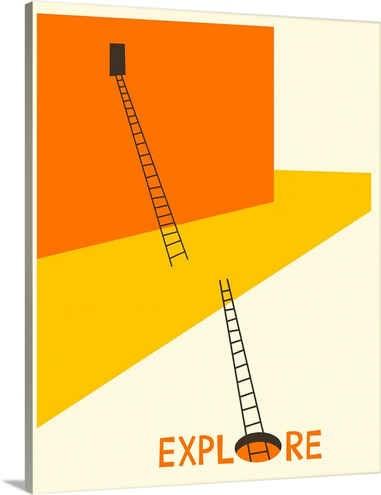 Illustration of an orange and yellow building with two ladders leading to a hole in the ground, which represents the 'o' i...