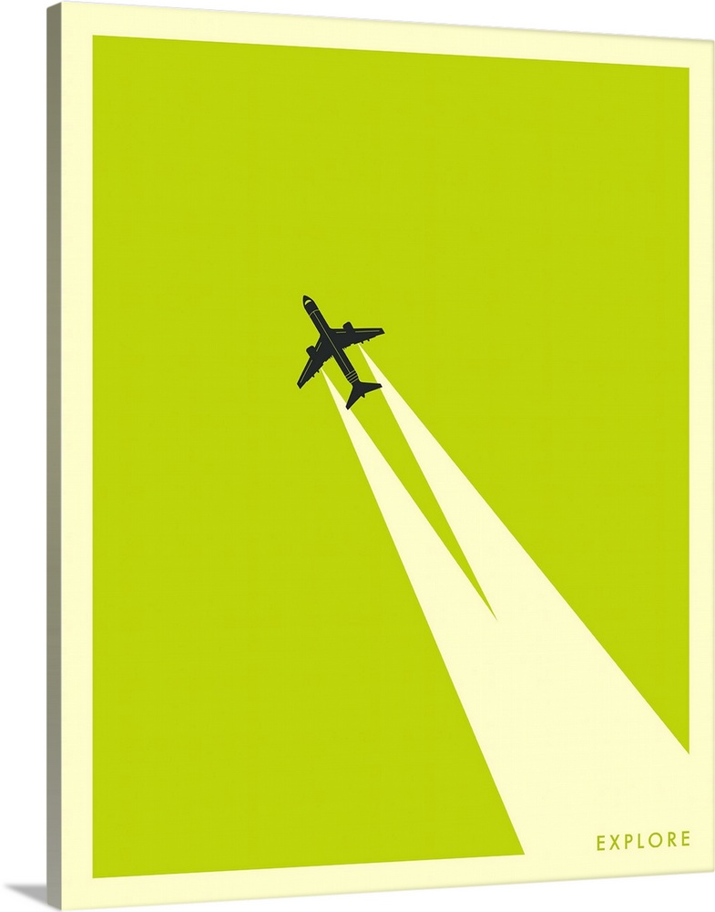 Minimalist illustration of an airplane flying diagonally up the image leaving two white streaks behind, leading to the wor...