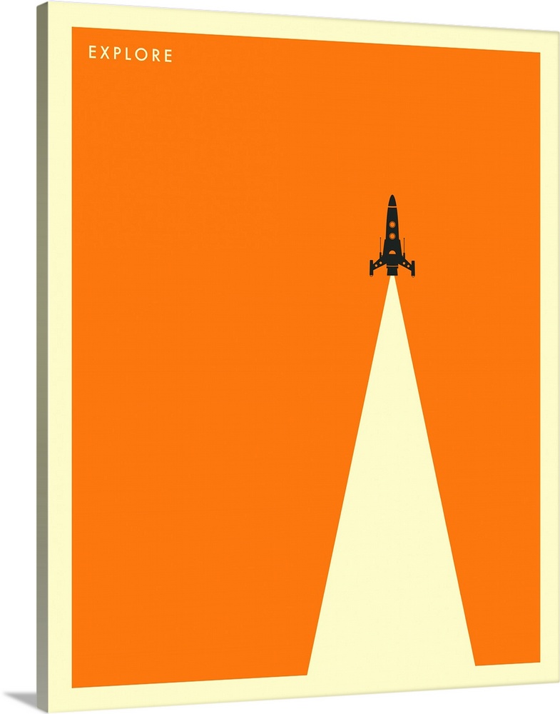Minimalist illustration of a rocket ship flying straight up to the top of the image leaving a large white streak behind. "...