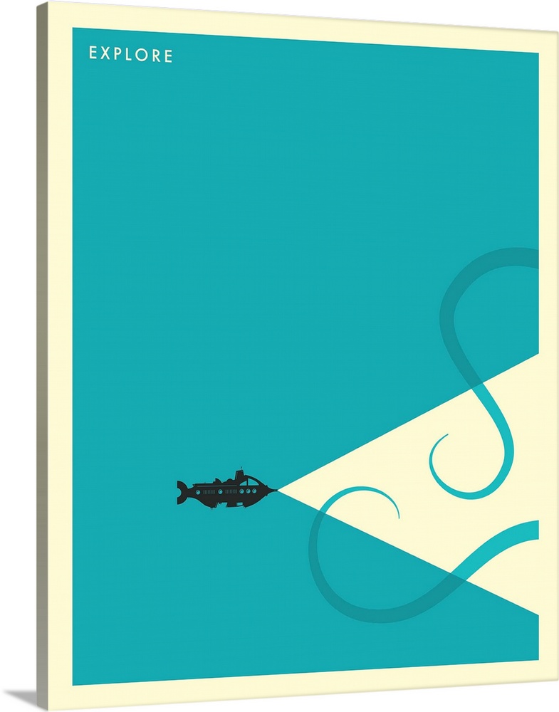 Minimalist illustration of a submarine shining a white light towards two octopus tentacles, and the word "Explore" written...