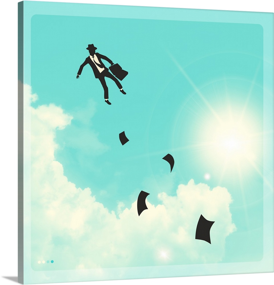 Conceptual illustration of a man in black and white floating in the bright, cloudy sky with papers falling out of his brie...