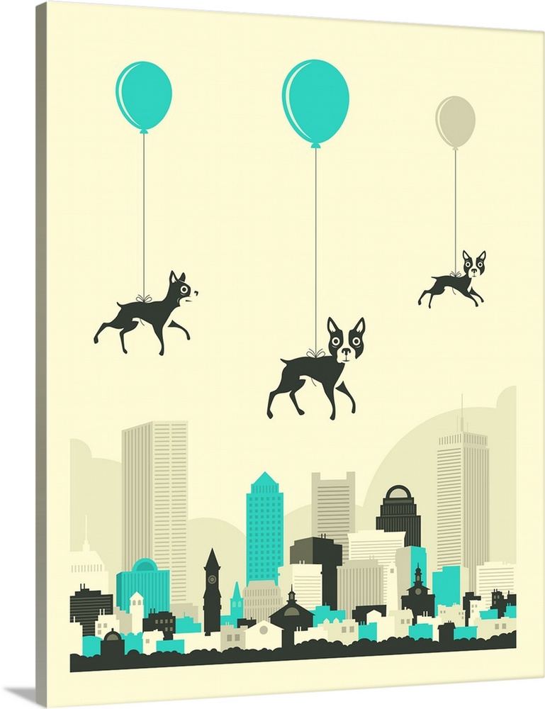 Whimsical illustration of three Boston Terriers attached to balloons, floating over the Boston, Massachusetts skyline. Cre...