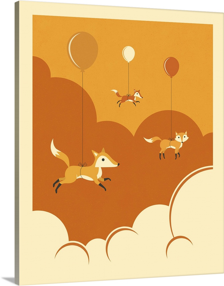 Whimsical illustration of three foxes attached to balloons and floating in the clouds. Created with shades of orange and c...