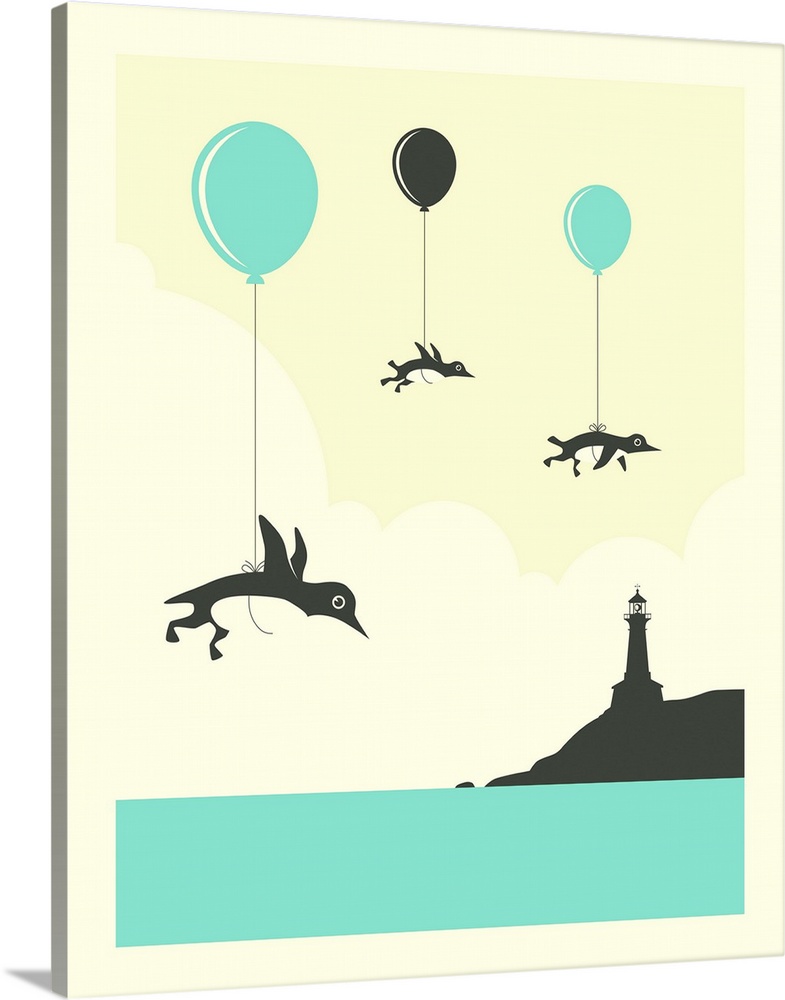 Whimsical illustration of three penguins attached to balloons and floating in the sky above the ocean and a lighthouse. Cr...