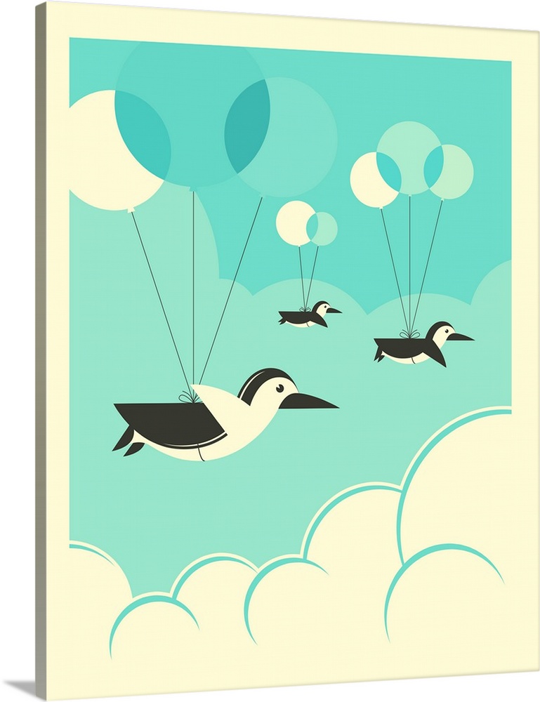 Whimsical illustration of three penguins attached to balloons and floating in the clouds. Created with shades of blue and ...