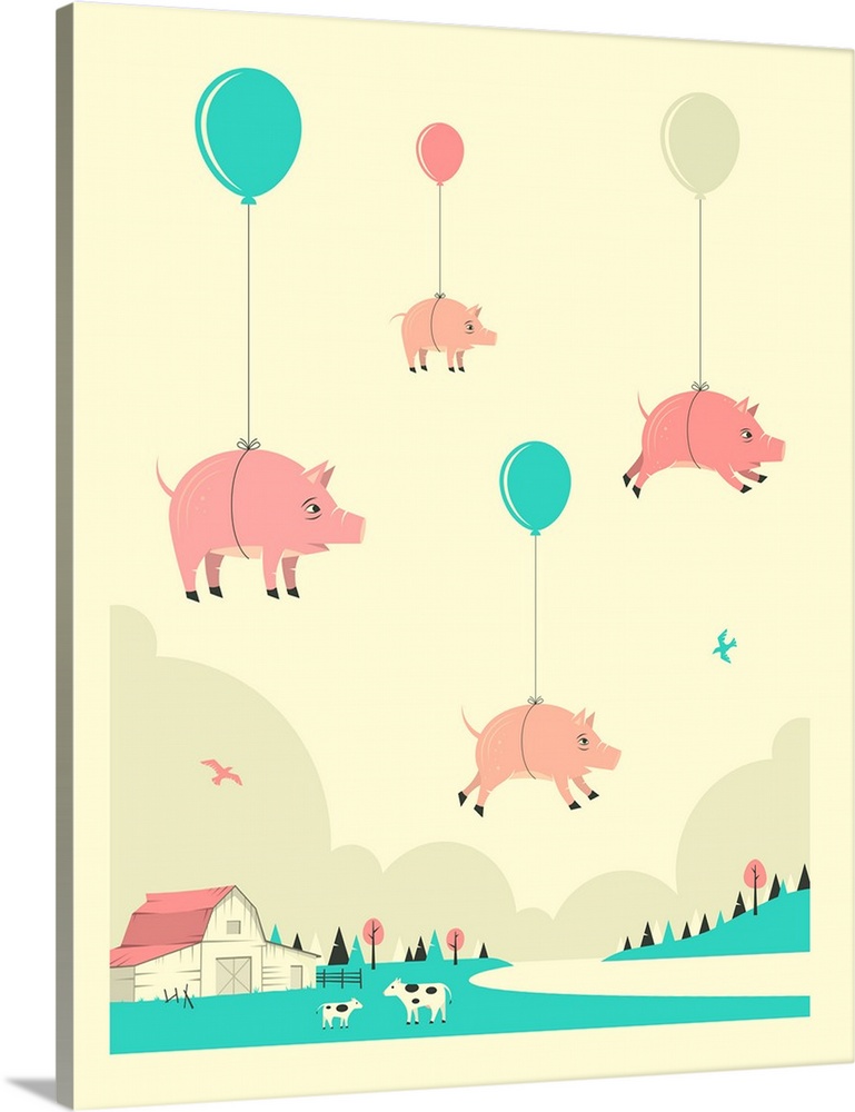 Whimsical illustration of four pink pigs attached to balloons and floating in the sky above a farm. Created in shades of b...