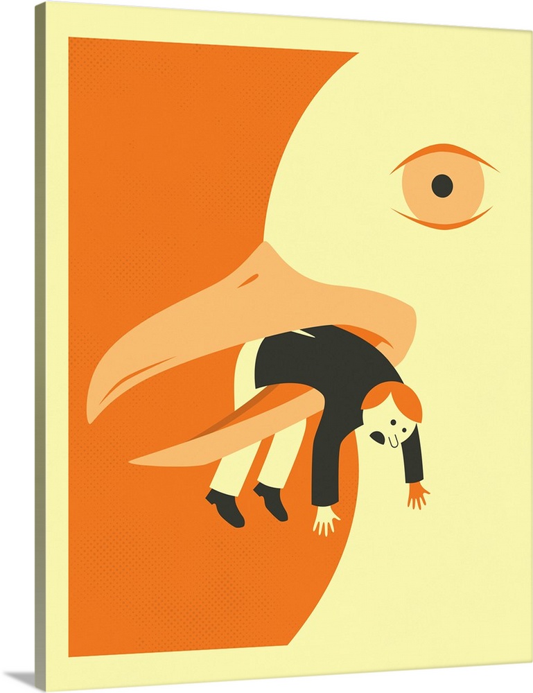Illustration in orange, black, and cream, of a large bird with a man in its beak.