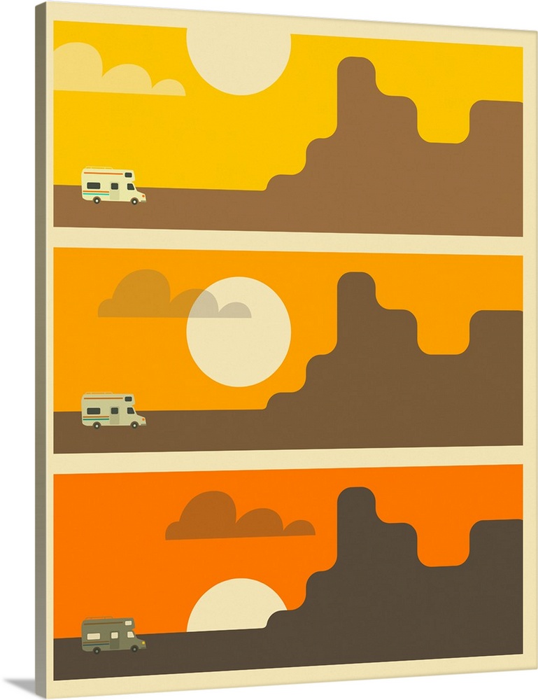 Retro style illustration of a camper parked next to the Grand Canyon, split into three sections showing the stages of sunset.