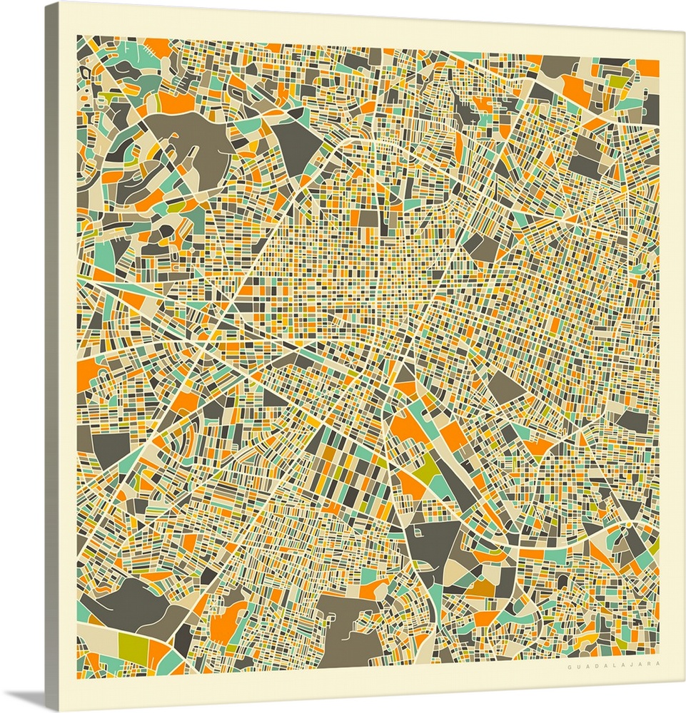 Colorfully illustrated aerial street map of Guadalajara, Mexico on a square background.