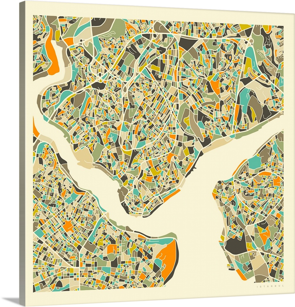 Colorfully illustrated aerial street map of Istanbul, Turkey on a square background.