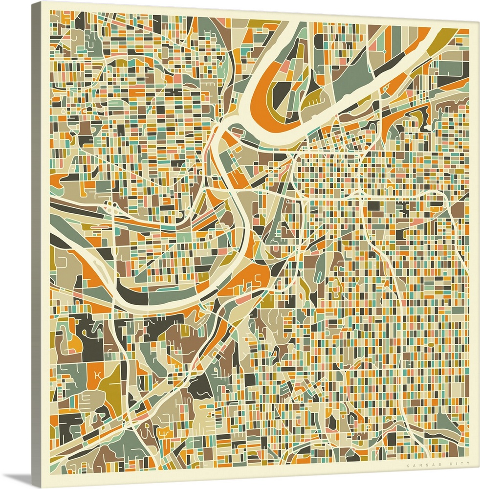 Colorfully illustrated aerial street map of Kansas City, Missouri on a square background.