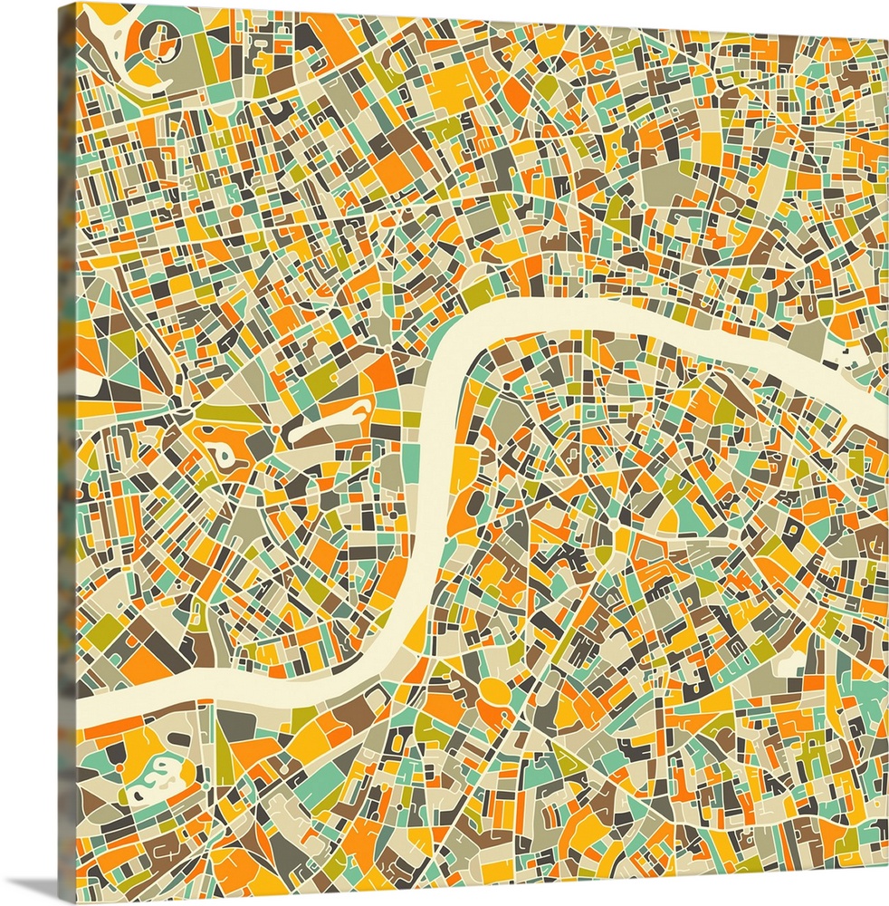 Colorfully illustrated aerial street map of London, England on a square background.