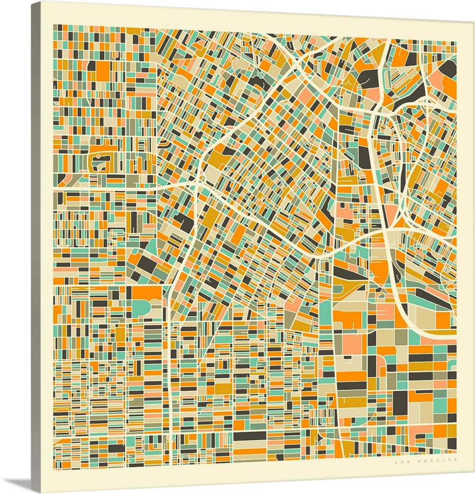 Colorfully illustrated aerial street map of Los Angeles, California on a square background.