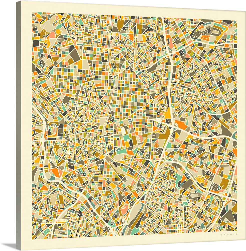 Colorfully illustrated aerial street map of Madrid, Spain on a square background.