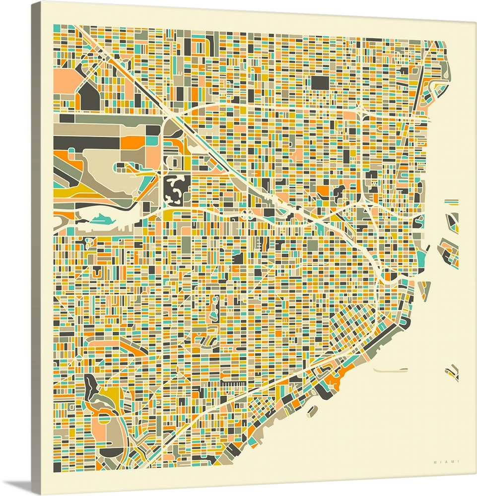 Colorfully illustrated aerial street map of Miami, Florida on a square background.