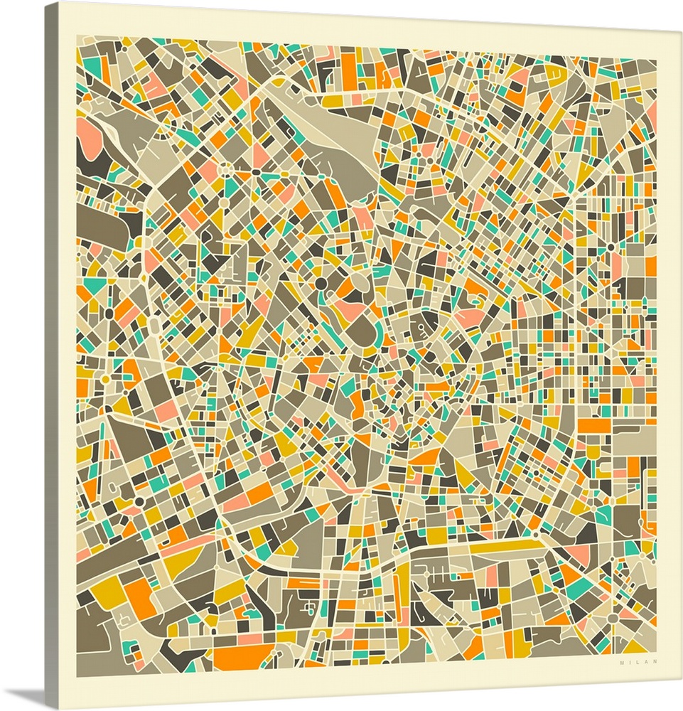 Colorfully illustrated aerial street map of Milan, Italy on a square background.